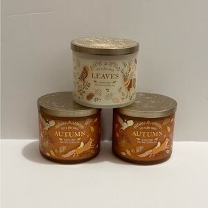 Bath & Body Works 2019 AUTUMN & LEAVES 3 Wick 14.5oz Candle Bundle